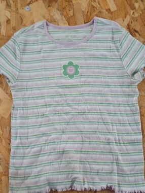 Girls' Pastel Stripe Tee with Flower Patch